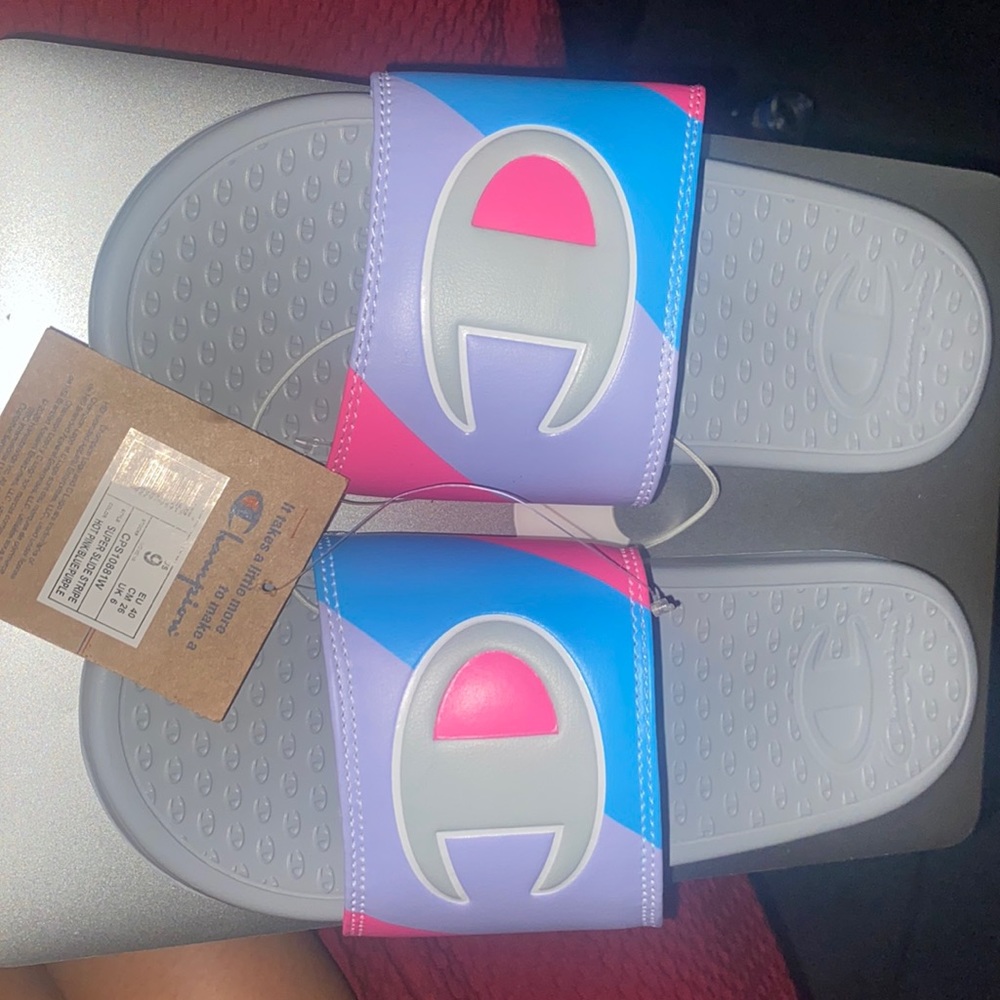 Brand new champion slides size 9 color Grey, hot pink, blue, purple